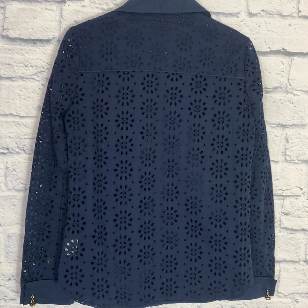 Tory Burch navy blue Liam eyelet sleeve button down top size 4